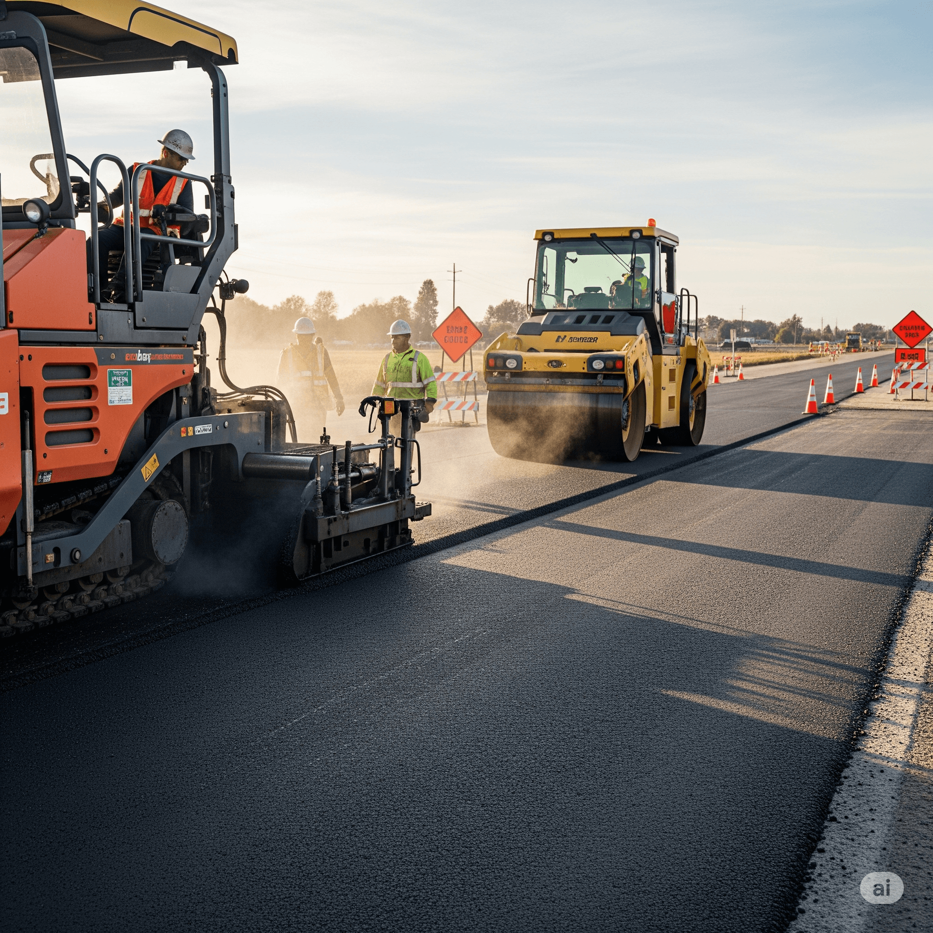Live asphalt paving operation with paver and roller equipment